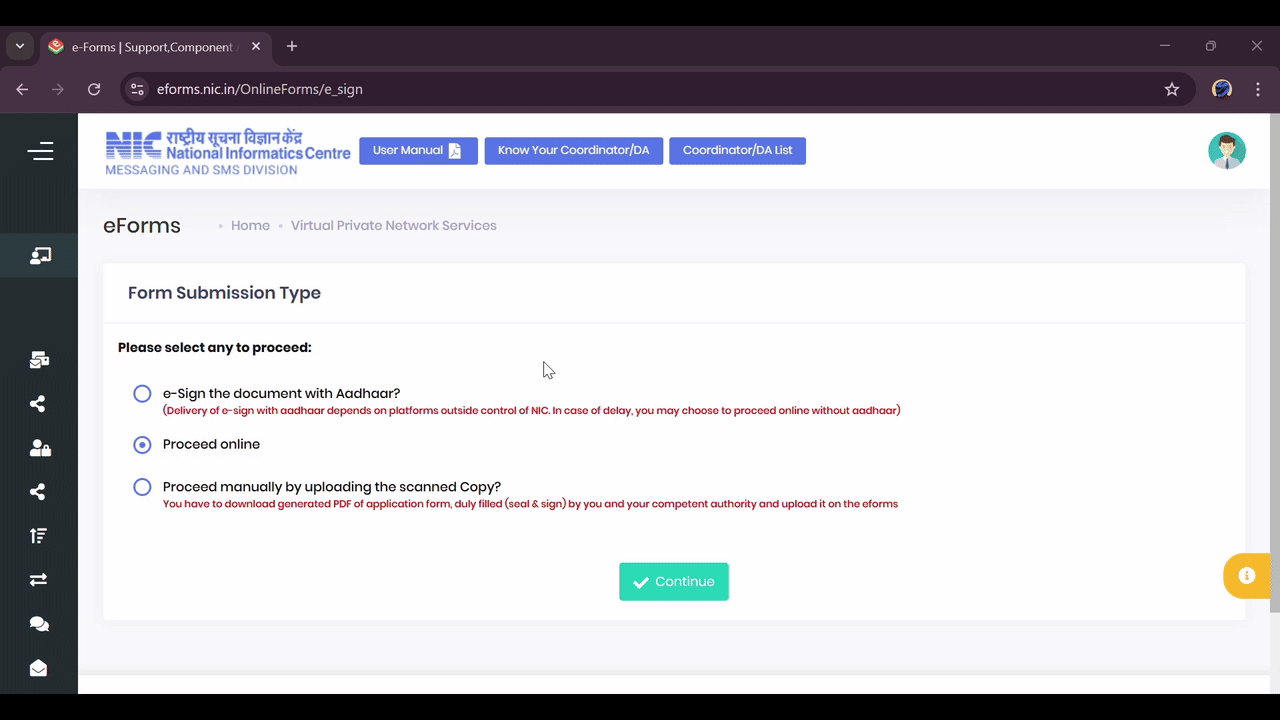 Screenshot of the Form Submission Type screen with 'Proceed online' selected and the Continue button.